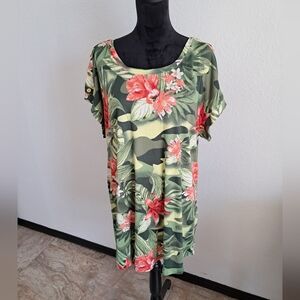 Jolie And Joy Tunic 3X Green Floral Camouflage Print Short Sleeve Tropical